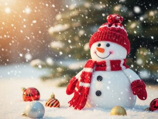 Obraz premium Smiling snowman in winter with christmas decorations and snow falling
