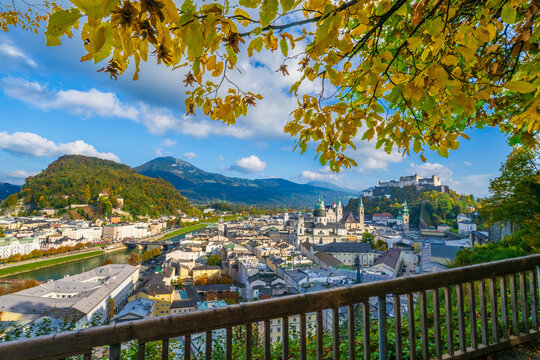 City of Salzburg with Salzach River and Fortress Hochensalzburg in the fall season.