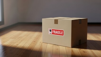 Cardboard box with red fragile sticker on a wooden floor. Closed delivery package ready for shipping. Moving and relocation concept