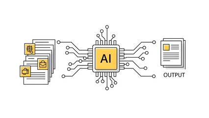 AI Artificial Intelligence workflow diagram showing input data processed by a chip into useful output, for machine learning automation.