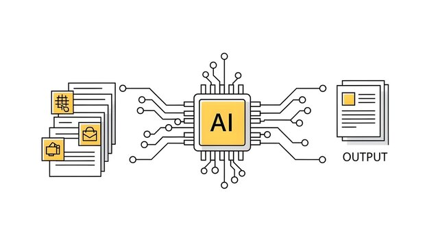 AI Artificial Intelligence workflow diagram showing input data processed by a chip into useful output, for machine learning automation.