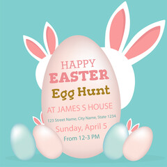 Happy Easter, Egg Hunt, Easter greeting card with a cute white bunny, eggs, rabbit. Animal character for the holiday. April 5, 2026 Vector.