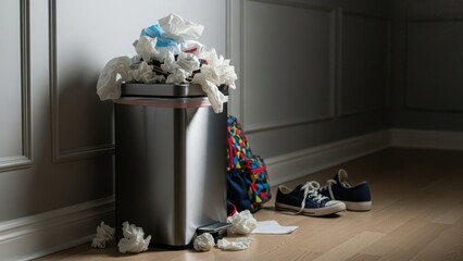 Overflowing stainless steel trash can filled with crumpled tissues. Messy room with backpack and sneakers on the floor