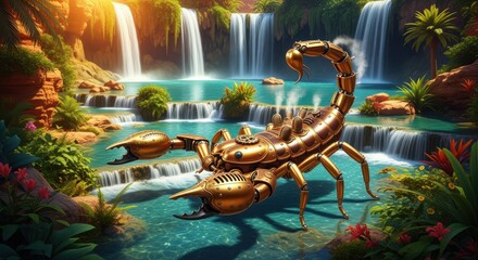Mechanical scorpion explores a tropical waterfall lagoon with a segmented metallic body reflecting warm sunset tones and lush jungle foliage around clear pools and cascading falls, with space availabl