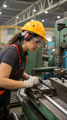Woman at industrial machine at the factory