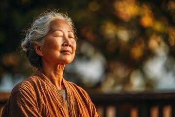 Asian old woman meditating in a public park under natural sunlight at noon, achieving calmness and practicing mindfulness