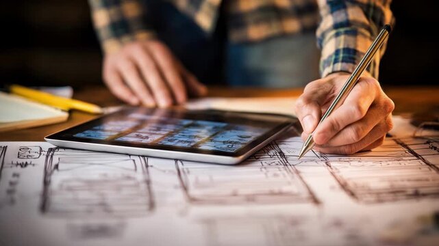 Medium shot showing a designer sketching wireframes for a singlepage web app on a digital tablet in a creative workspace
