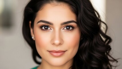 Fototapeta premium Radiant Glance: A close-up shot of a stunning young woman. Her dark, wavy hair frames a radiant face, with captivating brown eyes that exude confidence and beauty.