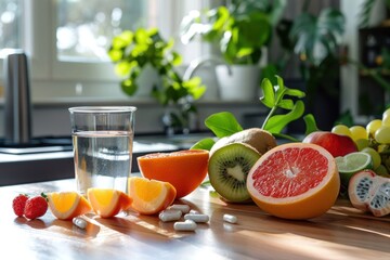 Healthy Lifestyle Still Life with Fresh Fruits, Water and Dietary Supplements