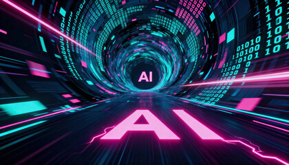 AI concept tunnel with neon cyan and magenta lighting, streaming binary and geometric elements to convey high-speed data flow and futuristic computing environments for technology and cybersecurity the