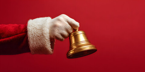 Santa Claus hand ringing vintage gold bell red background holiday