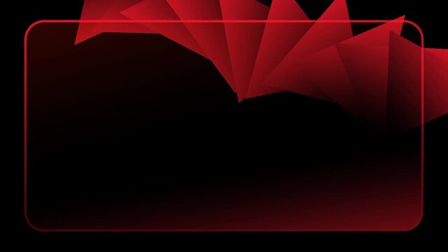 A dark red geometric pattern with sharp crystalline edges extends from the top right corner behind a subtle dark glass card for a high tech feeling