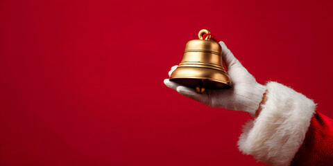 Santa Claus hand ringing vintage gold bell red background holiday
