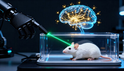 White laboratory mouse rests inside a clear enclosure while a robotic arm directs a green laser probe and a holographic brain visualization hovers above, conveying experimental neuroscience research a