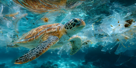 Sea turtle swimming underwater surrounded by plastic pollution nature minimalist