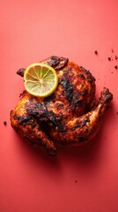 Piri piri chicken with charred skin and lemon garnish, dish from Mozambique on coral background, food photo, template for social media, digital ads, web banners, mobile wallpapers, greeting cards
