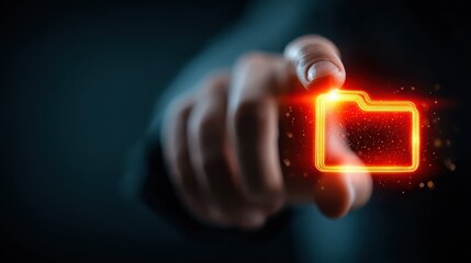 Hand touches digital file folder security alert, symbolizing malicious software and cyberattacks on computer networks, high quality realistic picture