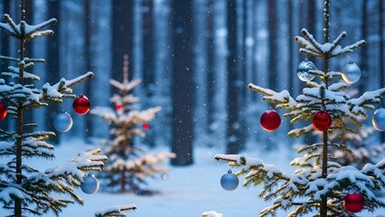 Festive Christmas Ornaments Hanging in Snowy Winter Forest