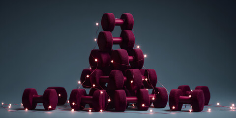 Wine-colored dumbbells arranged as Christmas tree minimal lifestyle