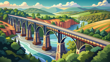 Fototapeta premium Very beautiful drone view of a historic railroad bridge spanning the Potomac River near Shepherdstown, West Virginia, highlighting timeless engineering, calm flowing water, and scenic surroundings fro