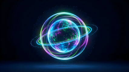 Obraz premium Glowing Quantum Technology Energy Sphere with Holographic Light Rings and Particles Floating in Dark Futuristic Space