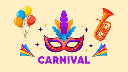Fototapeta premium Colorful Carnival Mask with Balloons and Musical Instrument