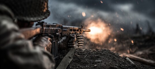 Soldier Firing Belt-Fed Gun in Dramatic Combat Scene