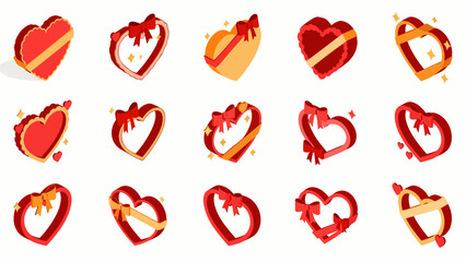 Vibrant 3D isometric heart icons set with decorative ribbons and bows, ideal for Valentine's Day, love, romance, wedding, and anniversary celebrations.