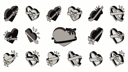 Collection of heart-shaped chocolate boxes with ribbons and bows, vintage tattoo style, isolated on white background