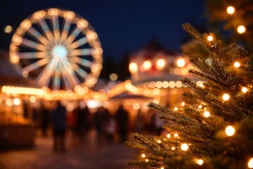 Festive Christmas market at night with a decorated pine branch in the foreground and a glowing Ferris wheel in the background, creating a warm holiday atmosphere with soft bokeh lights.