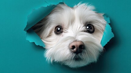 Adorable white dog peeking through paper hole with cute expression on solid teal background, playful
