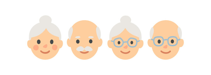 Fototapeta premium Cute minimalist elderly faces icon set featuring simple smiling expressions