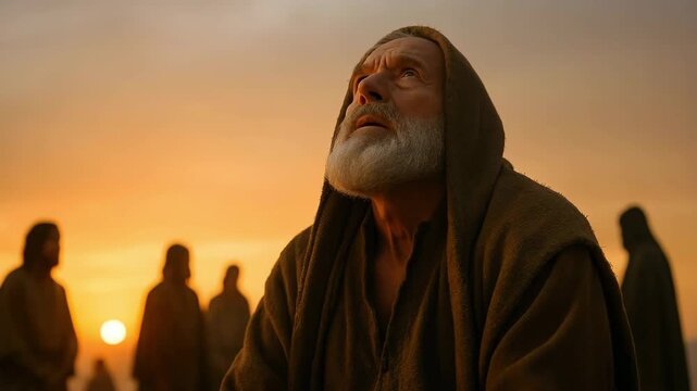 An elderly prophet in a hooded robe praying in the desert at sunset. A man with a white beard looks up to the sky in a moment of faith. Biblical and historical religious concept