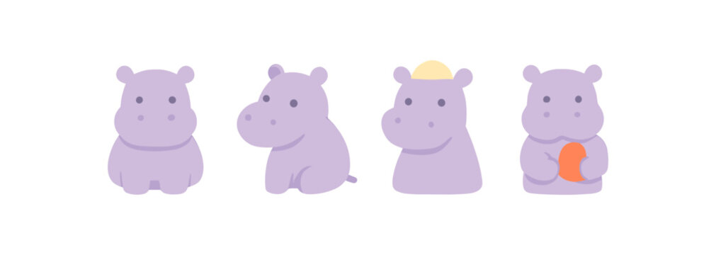Cute cartoon hippos in various poses on white background