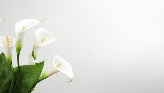 Beautiful calla lily flowers on white background. Space for text