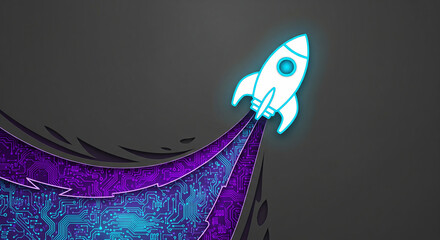 Glowing Rocket Launch from Circuit Board: Technology, Start-up, Innovation, Digital Future