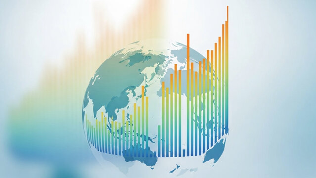 Growing bar chart shaped like a globe, demographic growth concept, soft gradients.
