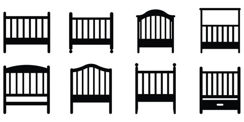 Baby crib silhouette set, Nursery bed icon pack, Infant furniture collection