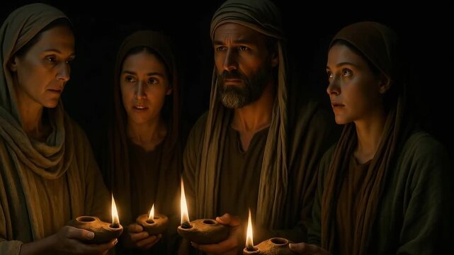 A group of biblical figures holding lit oil lamps in the dark. Ancient people waiting with faith and anticipation. Christian parable and religious history concept