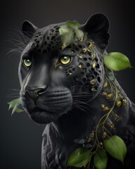 Black Leopard with green flowers in his neck