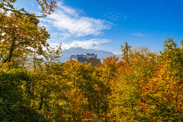 City of Salzburg with  Fortress Hochensalzburg during fall season, Austria