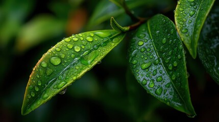 Fototapeta premium Fresh green leaves glisten with morning dew, reflecting a vibrant color against a dark background, illustrating the beauty of nature