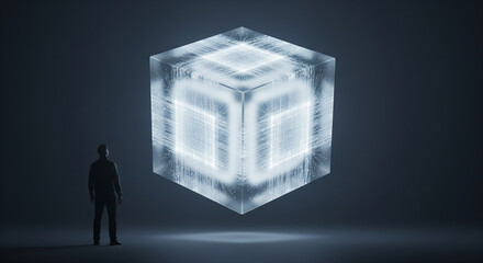 Man Observing Futuristic Glowing Data Cube: AI, Big Data, and Quantum Computing Concept in a Dark, Mysterious Setting.