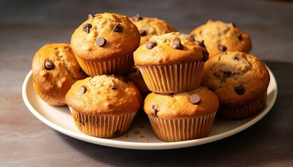 Chocolate chip muffins in a plate, home made pastry dessert.