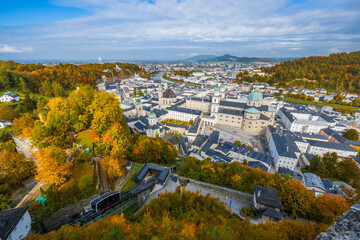 City of Salzburg with Salzach River. View from the Fortress Hochensalzburg, Austria