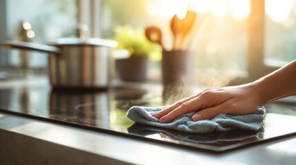Morning kitchen routine: hand cleaning stove with sunlight in background