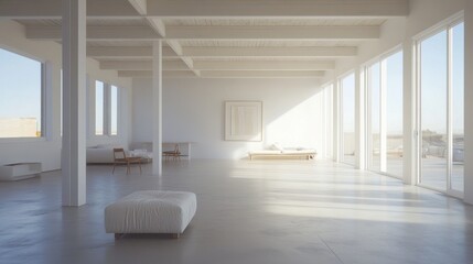 Fototapeta premium Airy loft interior, white wall and minimal furniture 