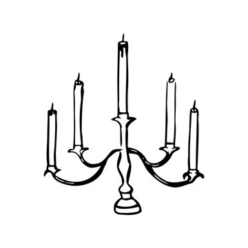 Hand drawn sketch of a vintage five-arm candelabra with burning candles