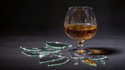 A dramatic composition featuring a whole crystal glass filled with amber brandy or cognac, positioned next to sharp shards of broken glass. High detail in reflections and light refraction within the l