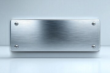 Silver nameplate holder with screws on a brushed metal surface waiting for customization